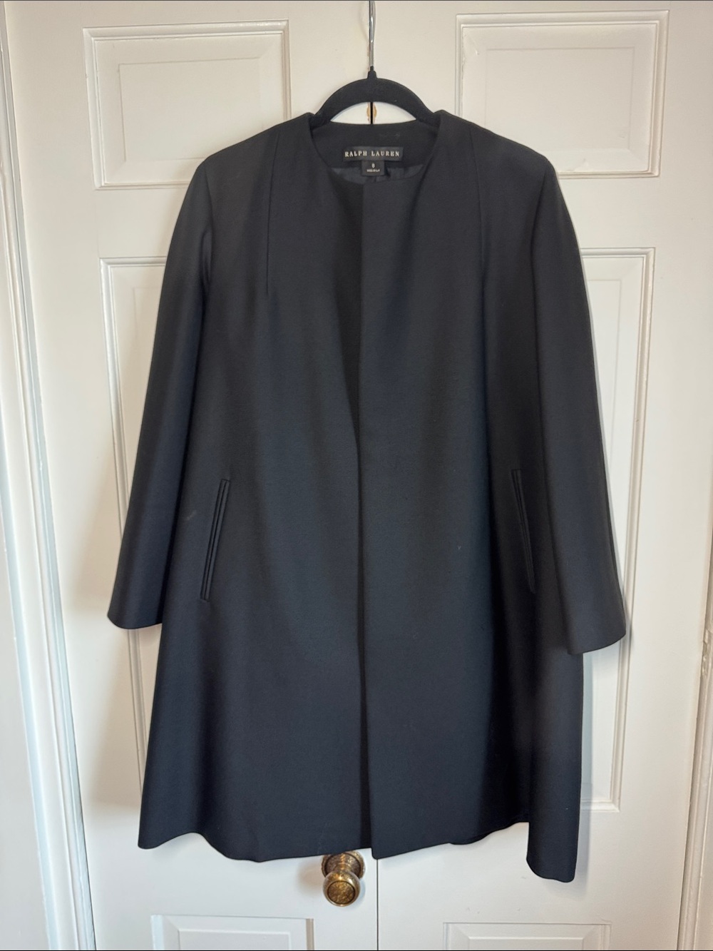 EUC Ralph Lauren Black Label 100% Wool Collarless Overcoat with Magnetic Closure